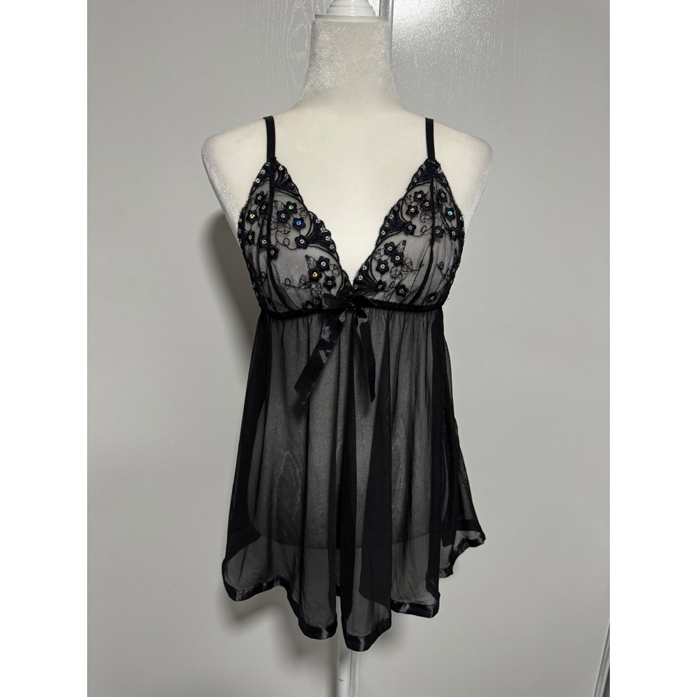 Vintage Style Black‎ Sheer Mesh Babydoll Chemise Floral Sequin Lingerie Medium